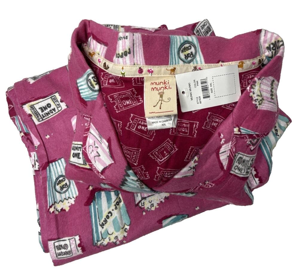 NWT Munki Munki XXL Pajamas Movie Popcorn Tickets Flannel Pink NEW PJ Set